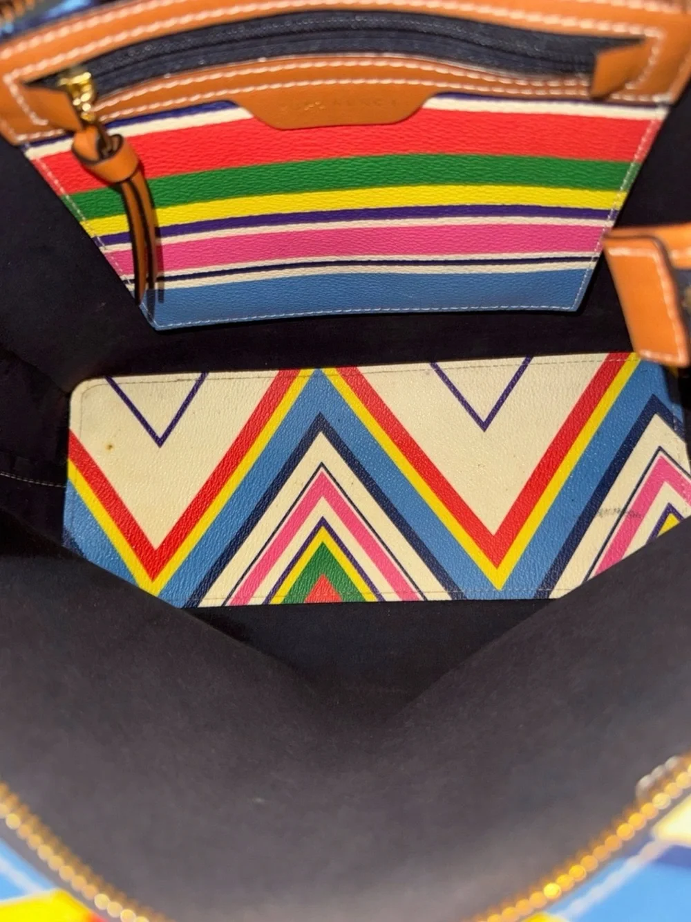 Tory Burch Multi-Stripe Chevron Canvas Tote with Brown Leather Trim EUC - Picture 10 of 10
